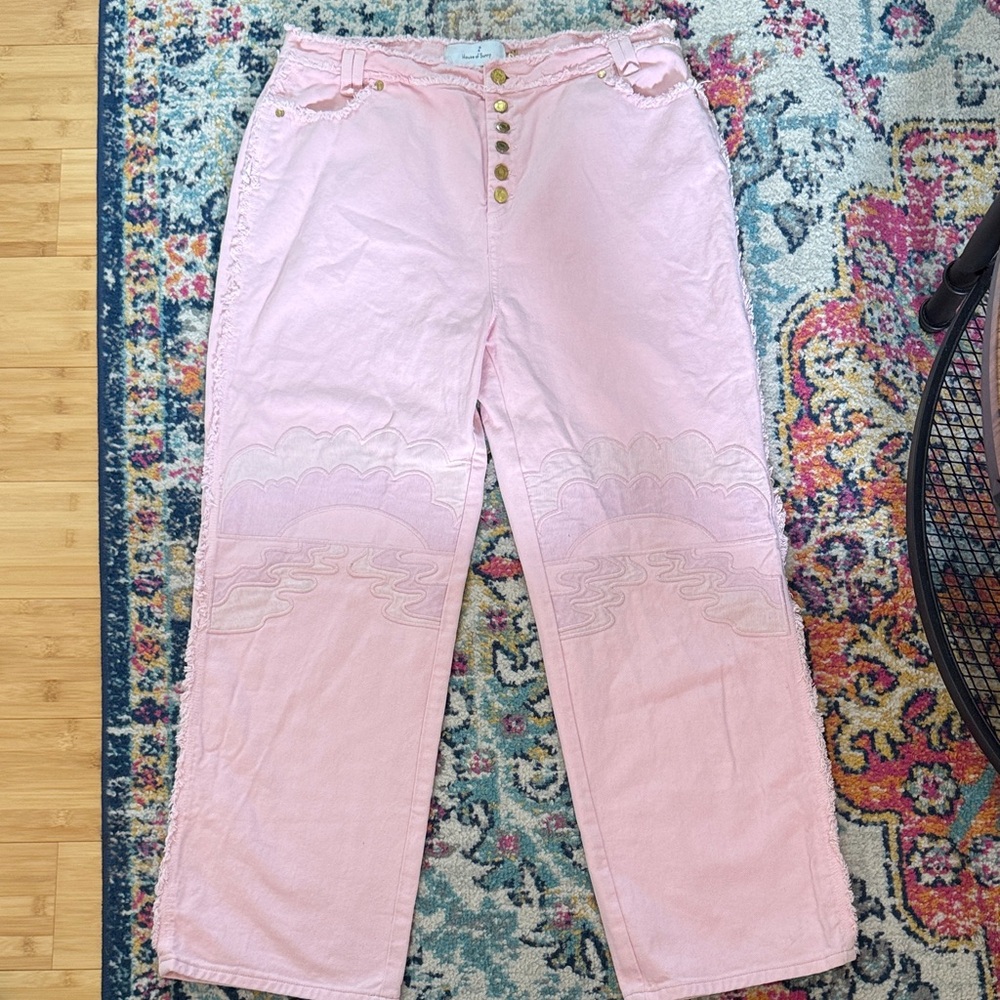 Pink Embroidered Wide-Leg Jeans